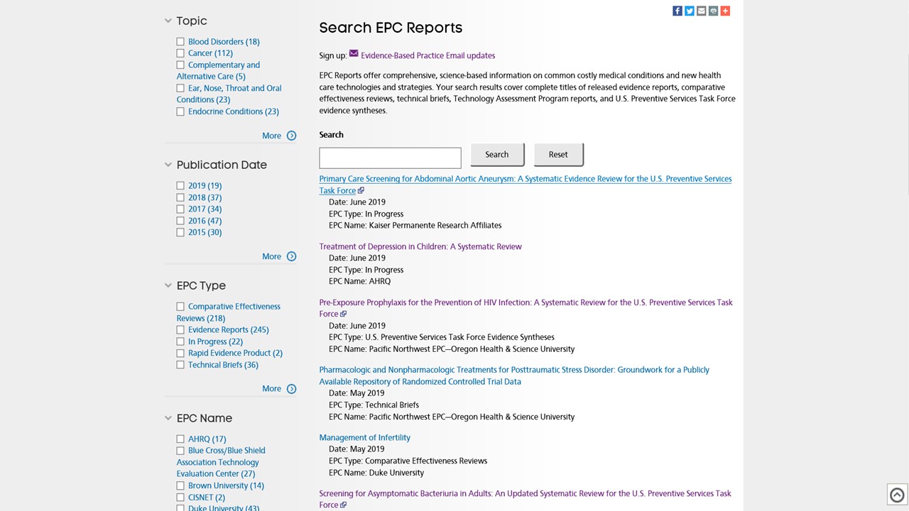 EPC Reports Search Page