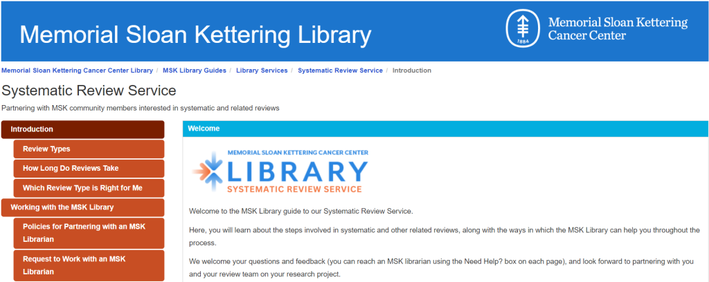 A screenshot of the first half of the Introduction page of the Systematic Review Service guide.