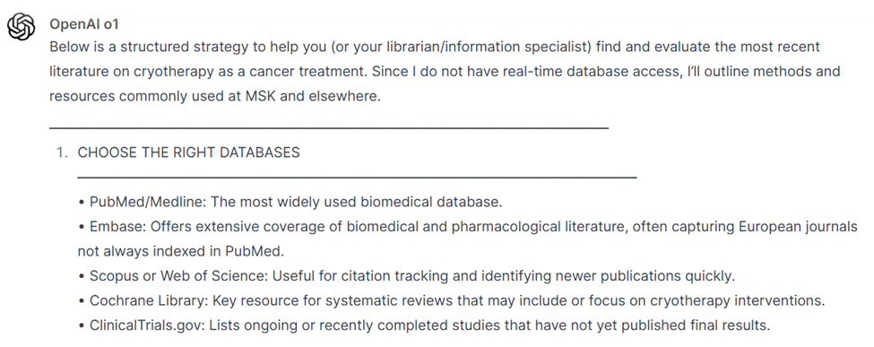OpenAI o1 saying it does not have database access and giving advice on how to search.