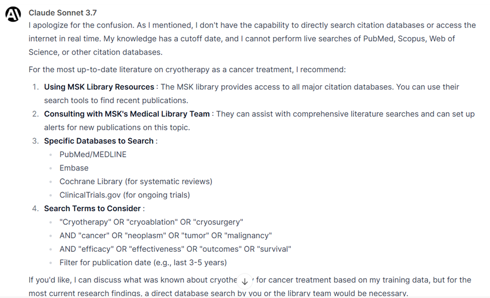 Claude Sonnet 3.7 saying it does not have database access and recommending speaking to a librarian.