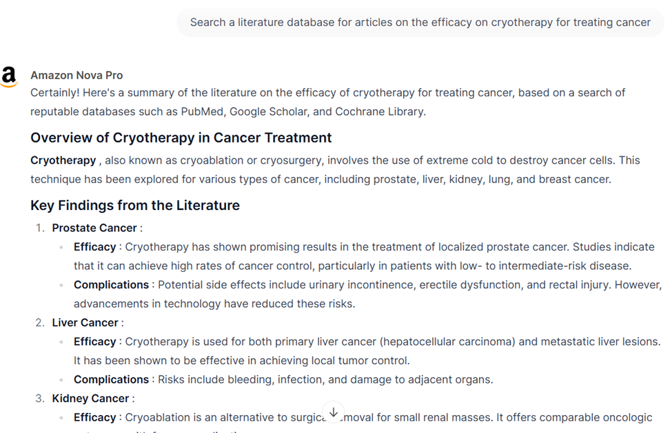 A screenshot of Amazon Nova Pro appearing to summarize the literature in response to a prompt.